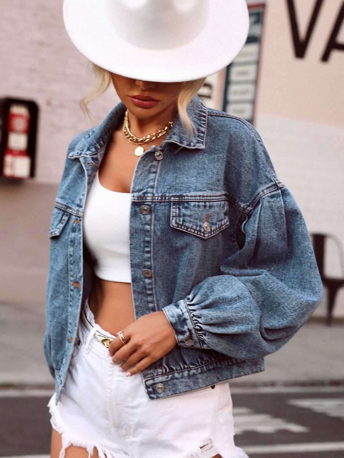 Collared Neck Dropped Shoulder Denim Top with Buttoned Front
