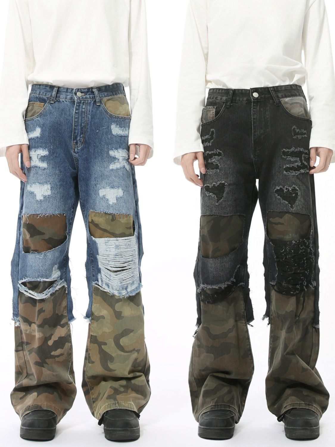 Distressed camouflage patchwork jeans with rugged detailing and structured fit.