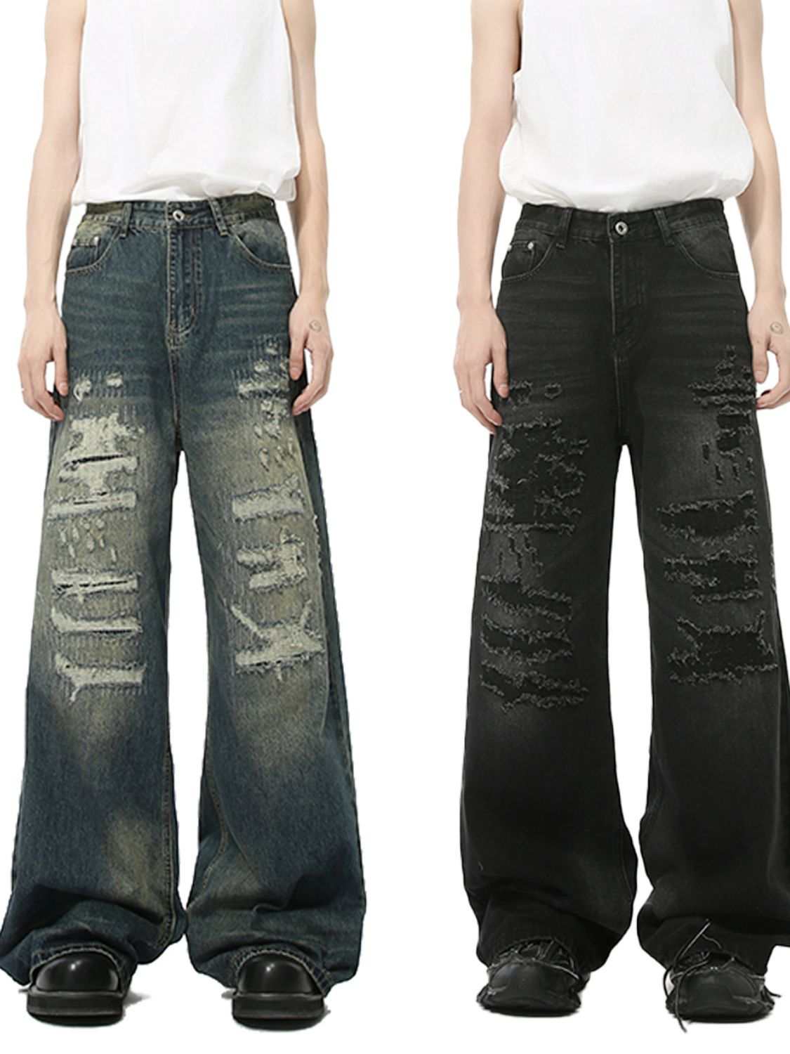 Distressed wide leg jeans with no stretch in blue and black, featuring a basic distressed style, made of 68% cotton and 32% viscose.
