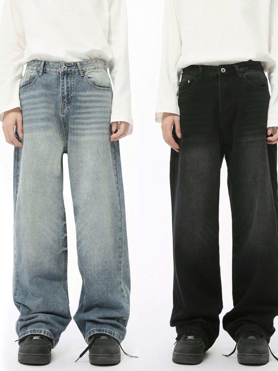 High rise wide leg casual jeans in blue and black, basic style, no stretch.