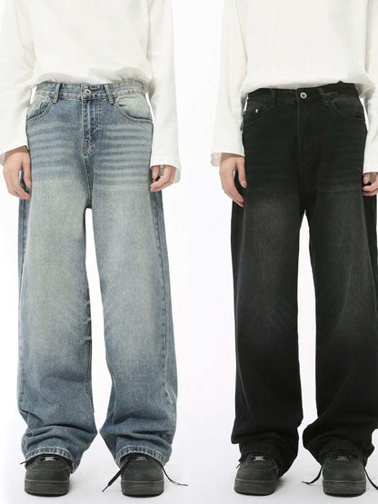 High rise wide leg casual jeans in blue and black, basic style, no stretch.