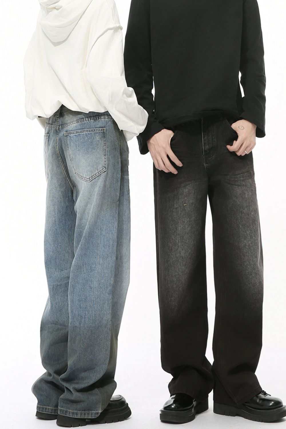 High waist baggy jeans with pockets, no stretch, blue and black options, casual fit.