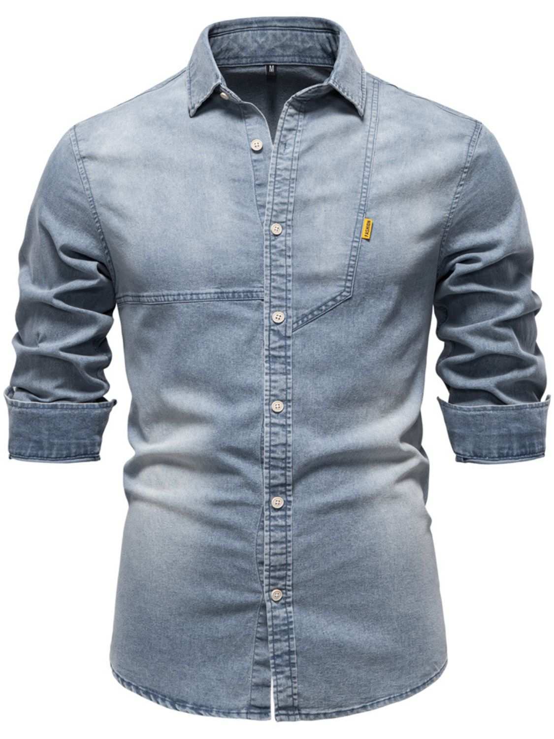 Men's button down collared neck denim shirt, slightly stretchy, basic style.
