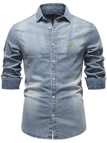 Men's button down collared neck denim shirt, slightly stretchy, basic style.