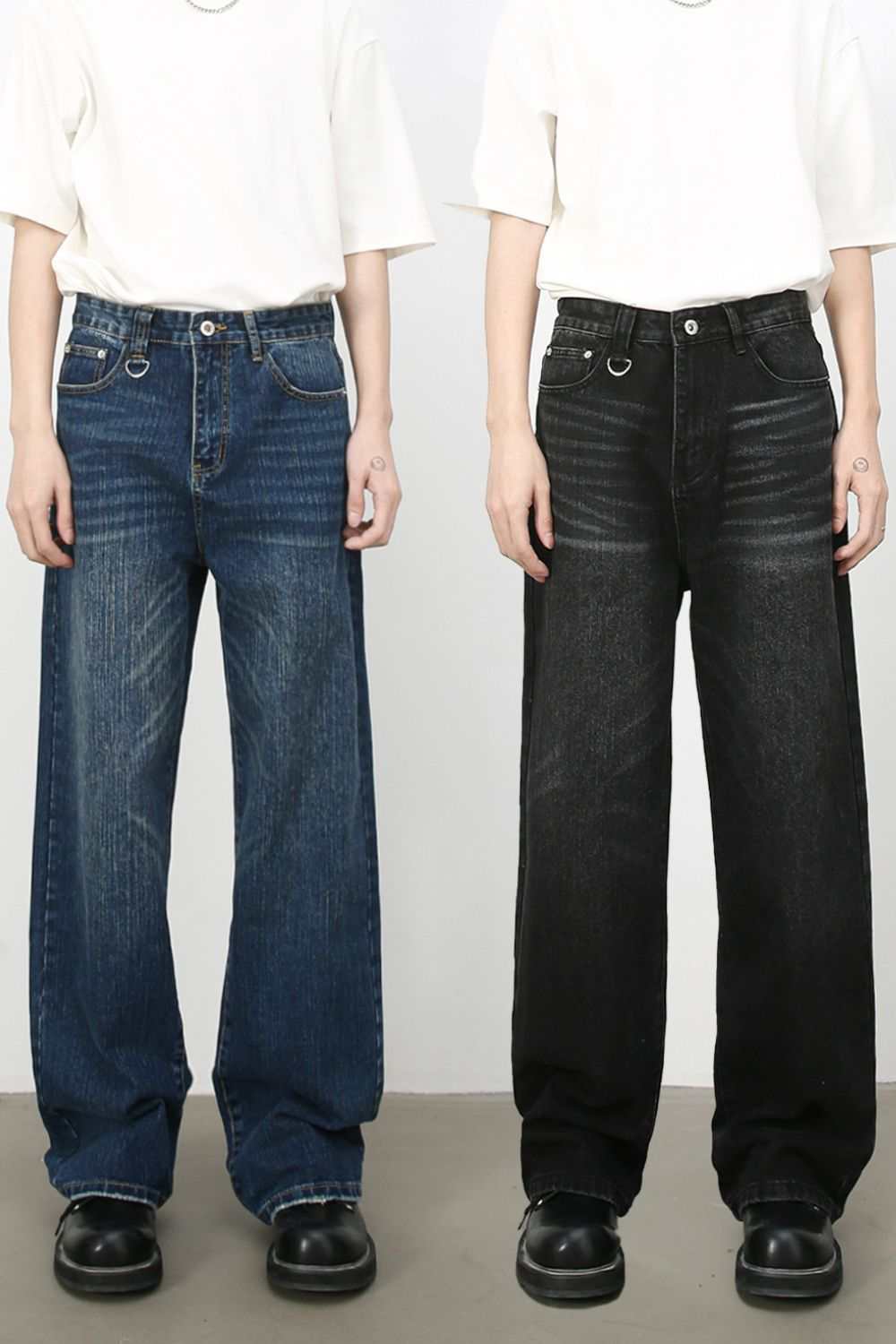 Men's Cat's Whisker Jeans in blue and black, basic style, no stretch, 85% cotton.