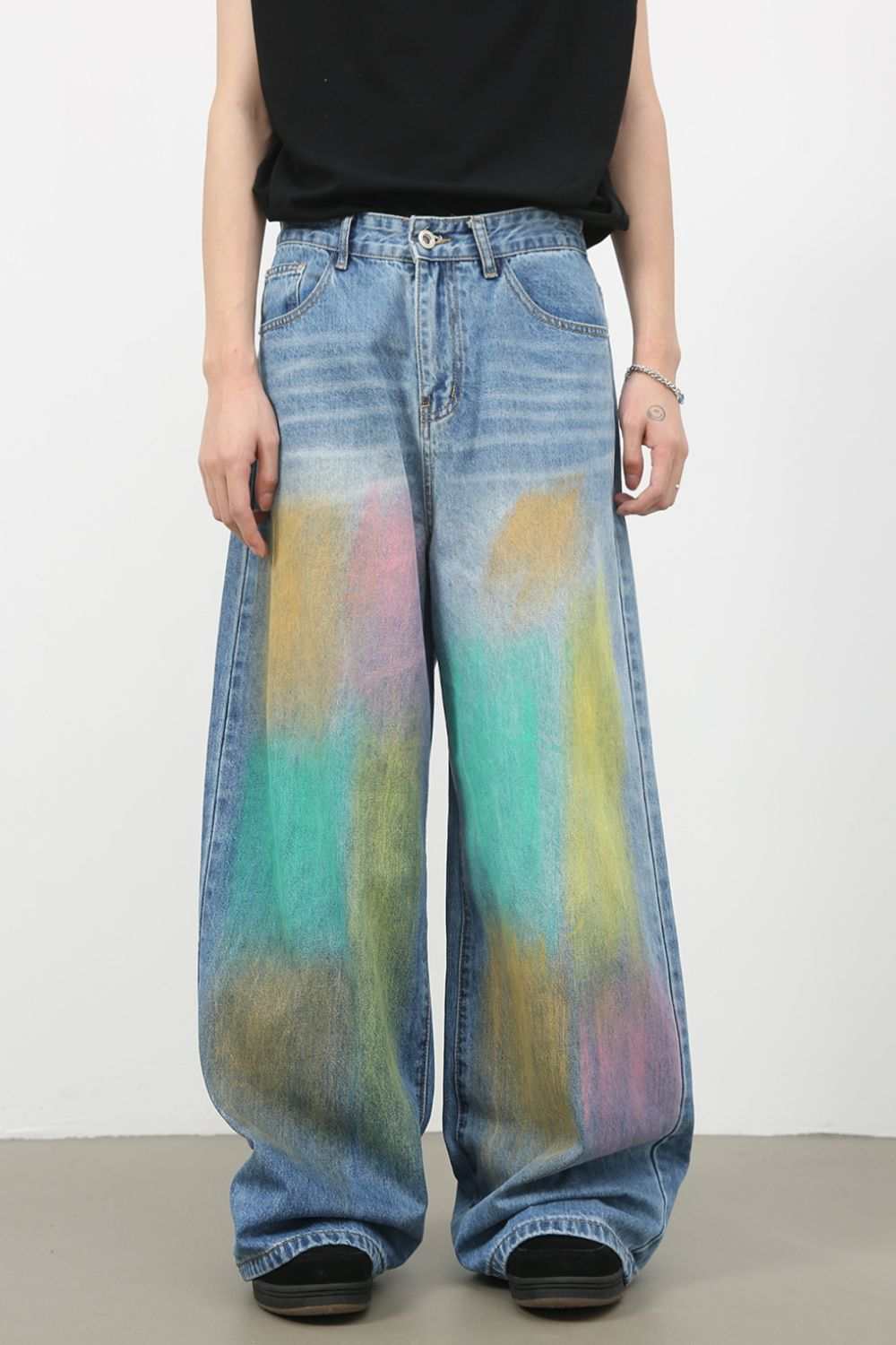 Men's contrast wide leg jeans with multicolor design, featuring no stretch and machine washable cotton blend material.