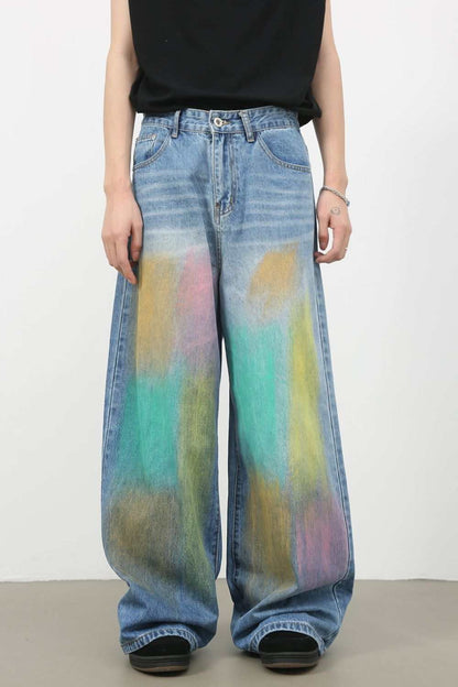 Men's contrast wide leg jeans with multicolor design, featuring no stretch and machine washable cotton blend material.