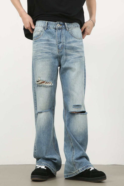 Men's distressed jeans, no stretch, cotton blend, machine washable.