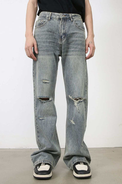 Men's distressed jeans with a basic style, no stretch, made of cotton, viscose, and polyester blend.