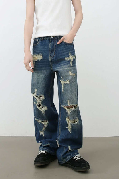 Men's distressed jeans with pockets, no stretch cotton-blend.