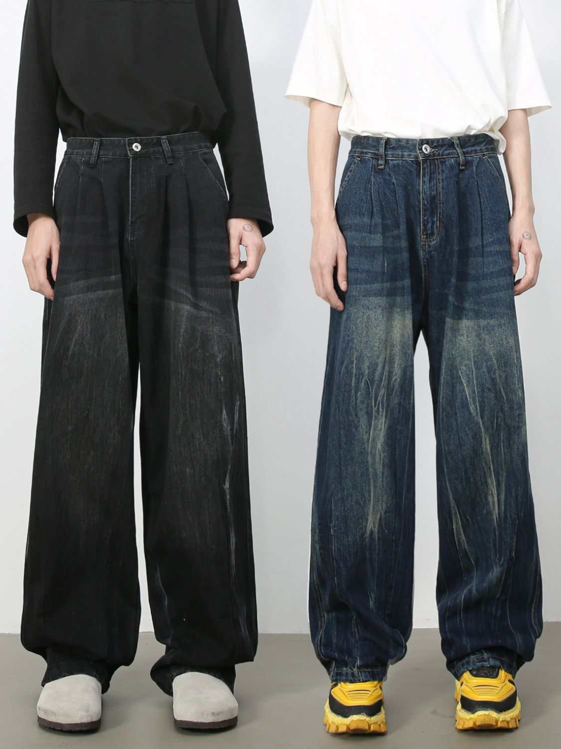 Men's high waist washed jeans, basic style, no stretch, cotton blend.