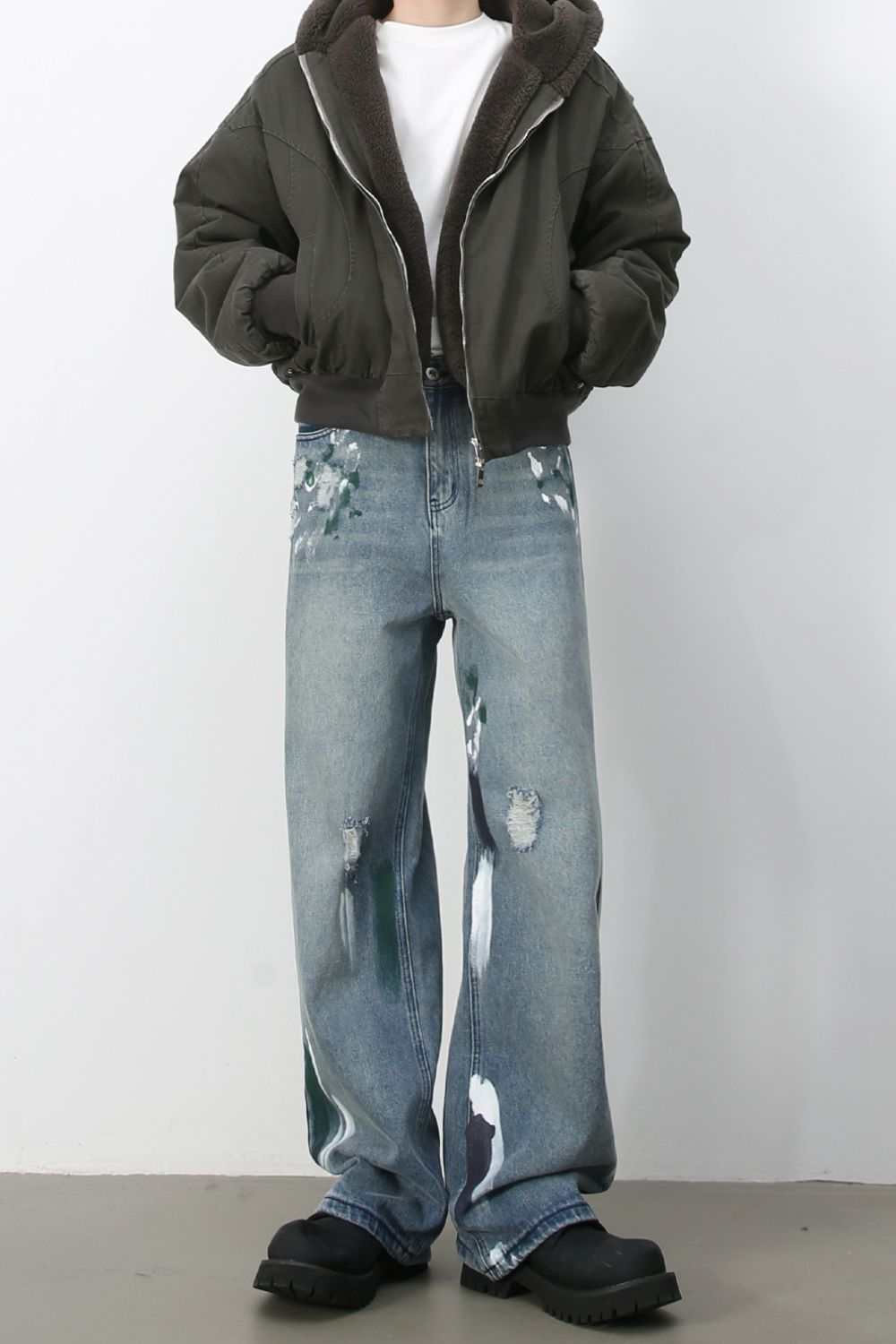 Men's Paint Wide Leg Jeans in blue, featuring a basic style with no stretch, composed of cotton, viscose, and polyester.