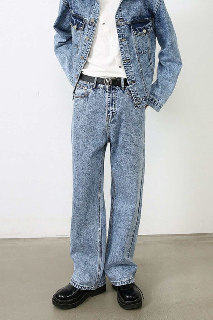 Men's straight leg jeans with no stretch, 88.4% cotton, styled with a denim jacket.