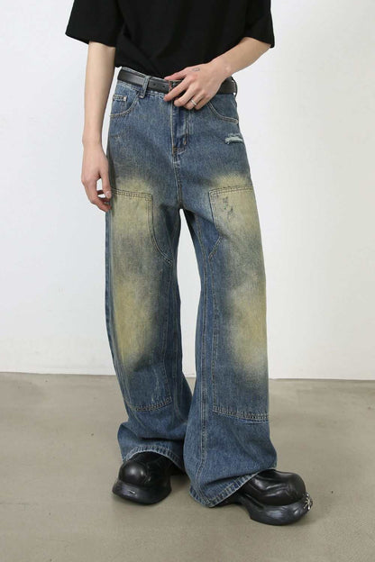Men's washed wide leg jeans, basic style with pockets, no stretch, cotton blend.