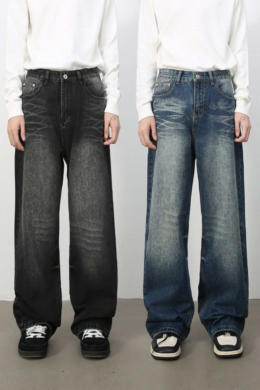 Men's washed wide leg jeans with pockets, basic style, no stretch, cotton blend material.