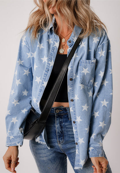 Star-patterned denim top with raw hem and collared neck.