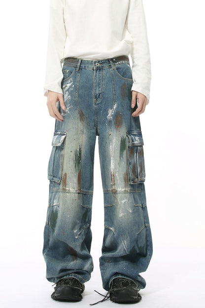 Waste Soil Style Jeans with Cargo Pockets, no stretch, cotton-polyester blend.