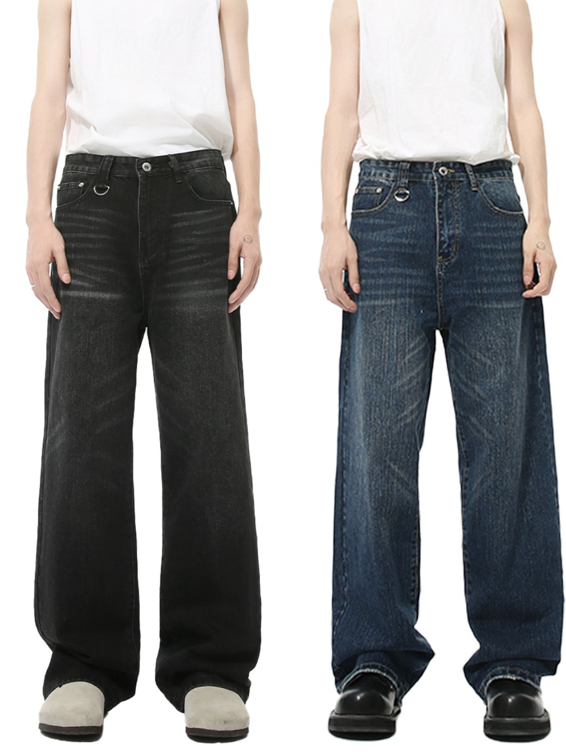 Wide straight jeans with pockets, no stretch, cotton blend material.