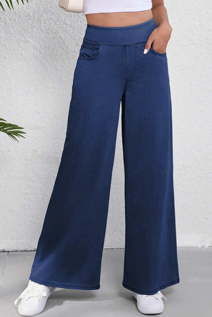 Wide leg jeans with pockets and moderate stretch.