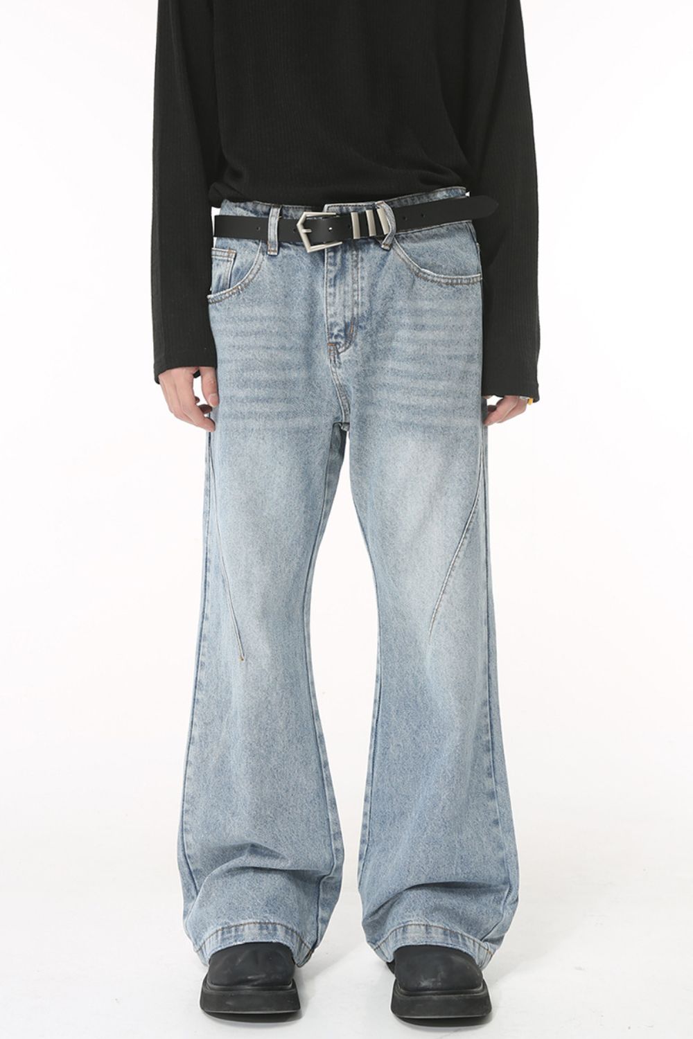 Washed bootcut men's jeans with pockets, cotton blend, no stretch, basic style.