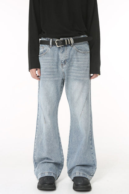 Washed bootcut men's jeans with pockets, cotton blend, no stretch, basic style.