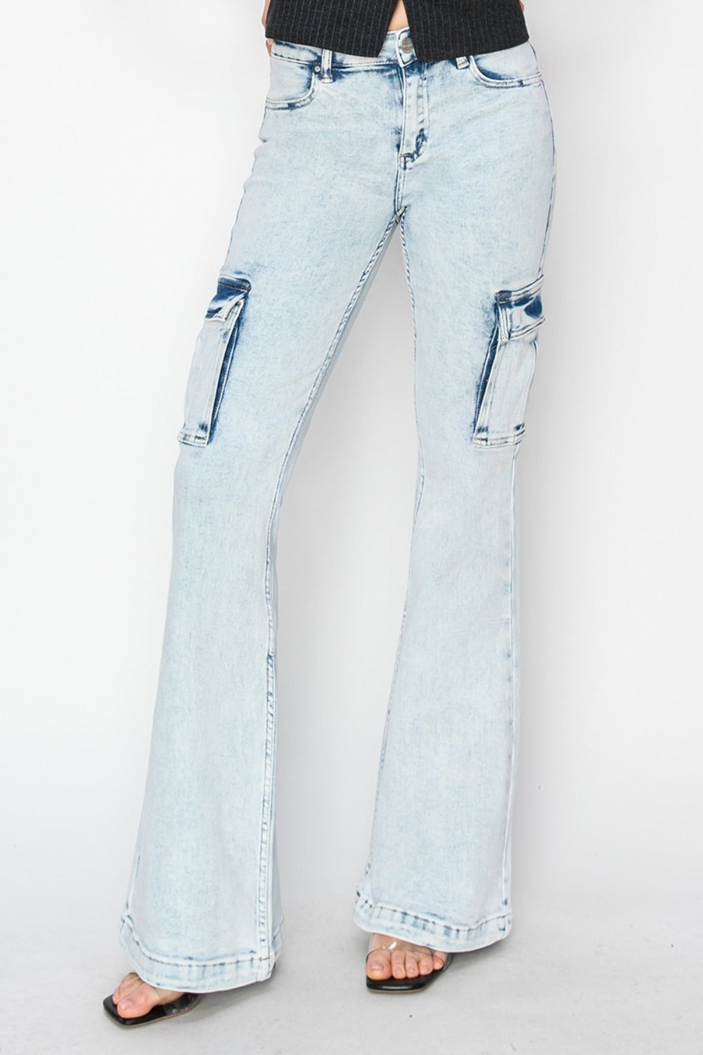Full size high rise cargo flare jeans with utility pockets and retro style.