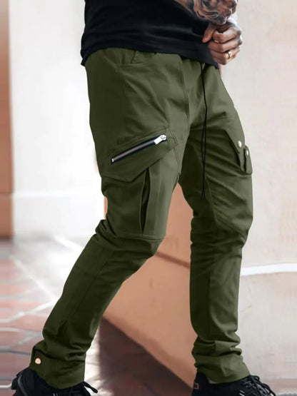 Men's plus size cargo pants in olive green with zipper pockets.