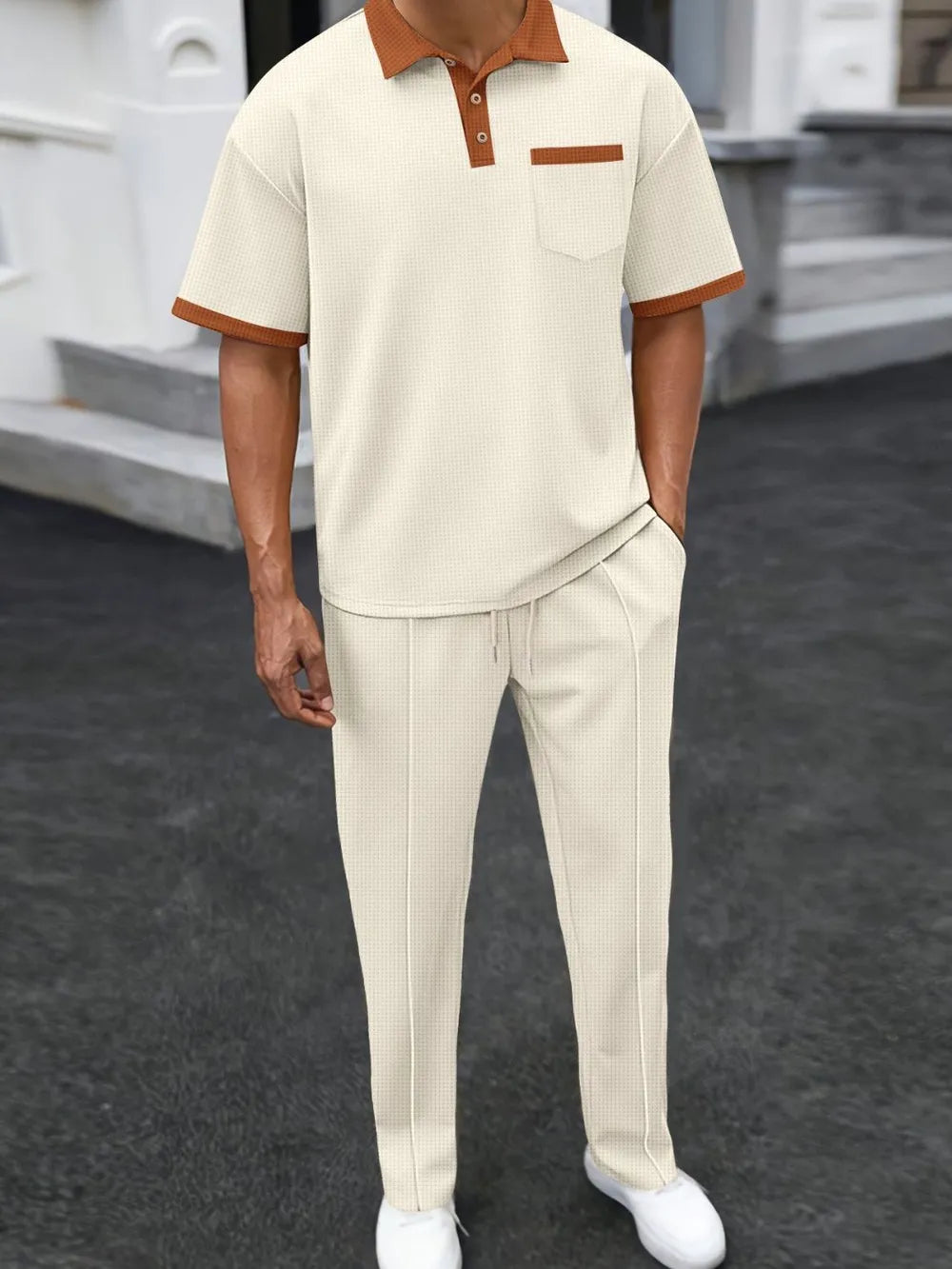 Men's full size waffle-knit contrast polo and pants set in cream and brown, two-piece, plus size, polyester.