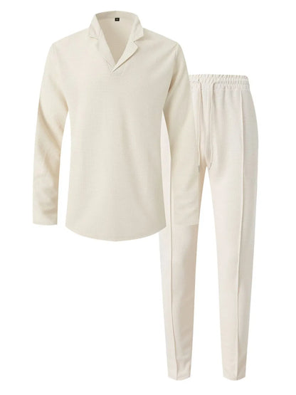 Men's full size waffle-knit long sleeve top and pants set in cream color.