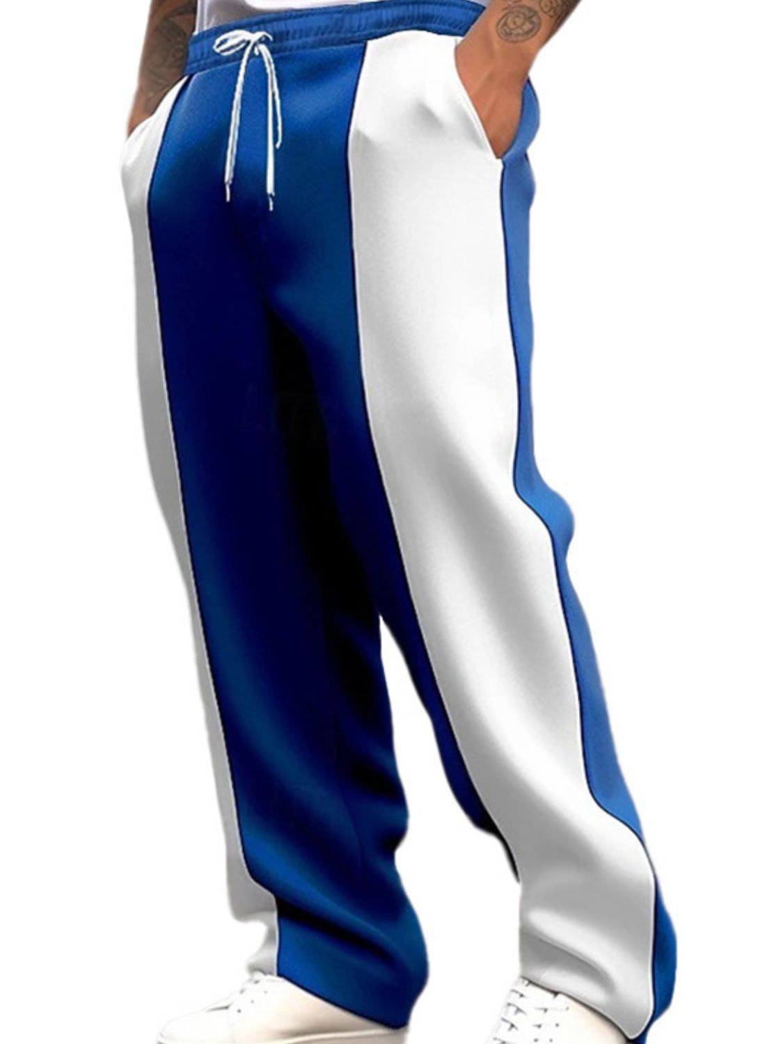 Men's full size drawstring contrast pants with pockets in blue and white.