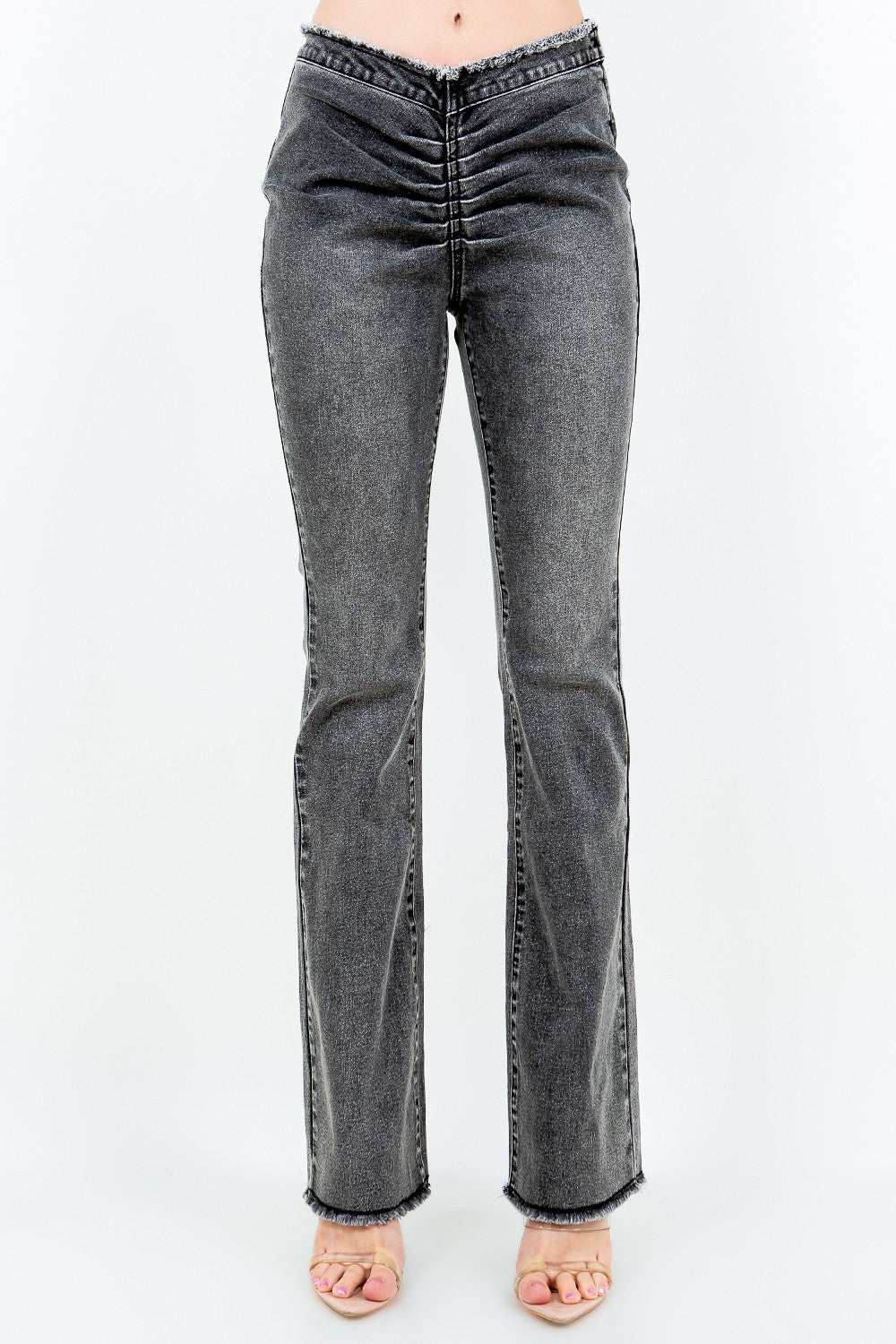 American Bazi V-cut ruched flare pants in gray, featuring a mid-flare design and side zipper closure.