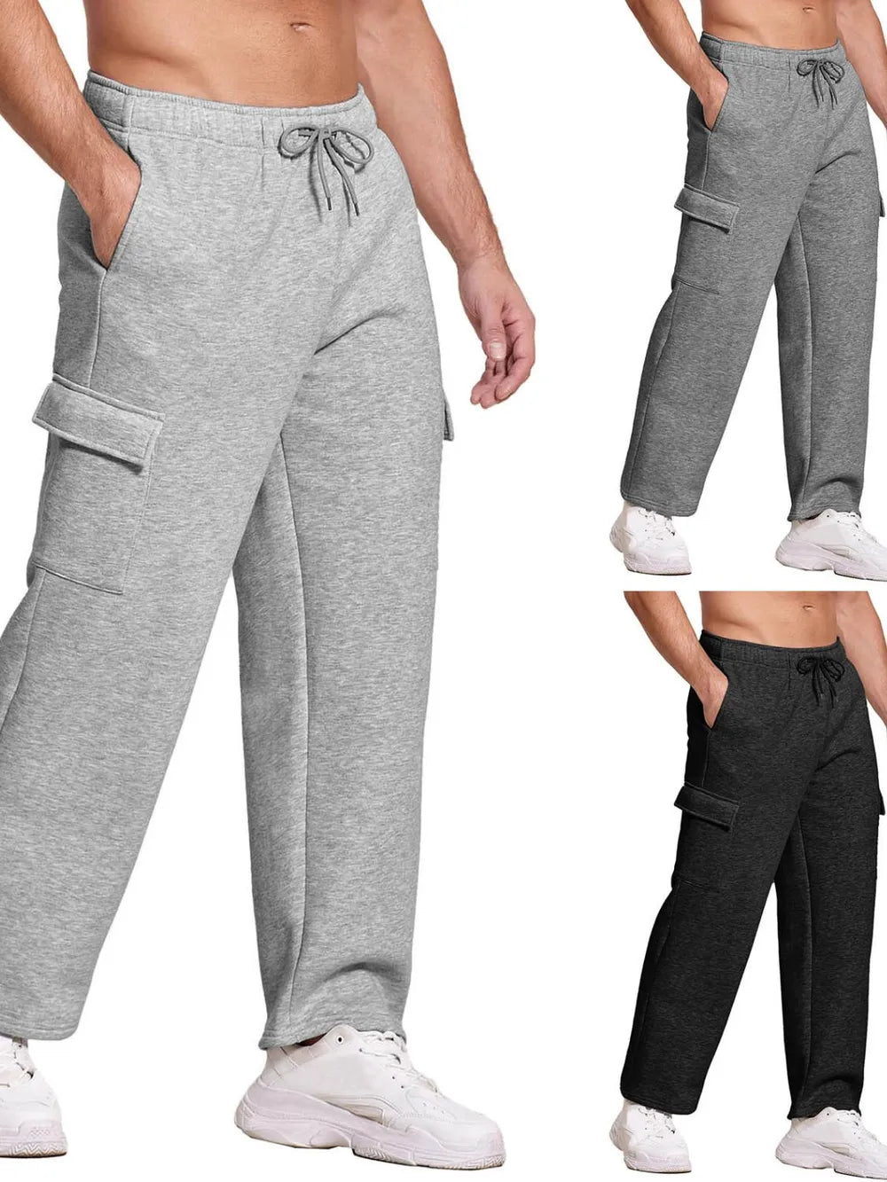 Men's plus size drawstring pants, basic style, pocketed, 100% polyester.