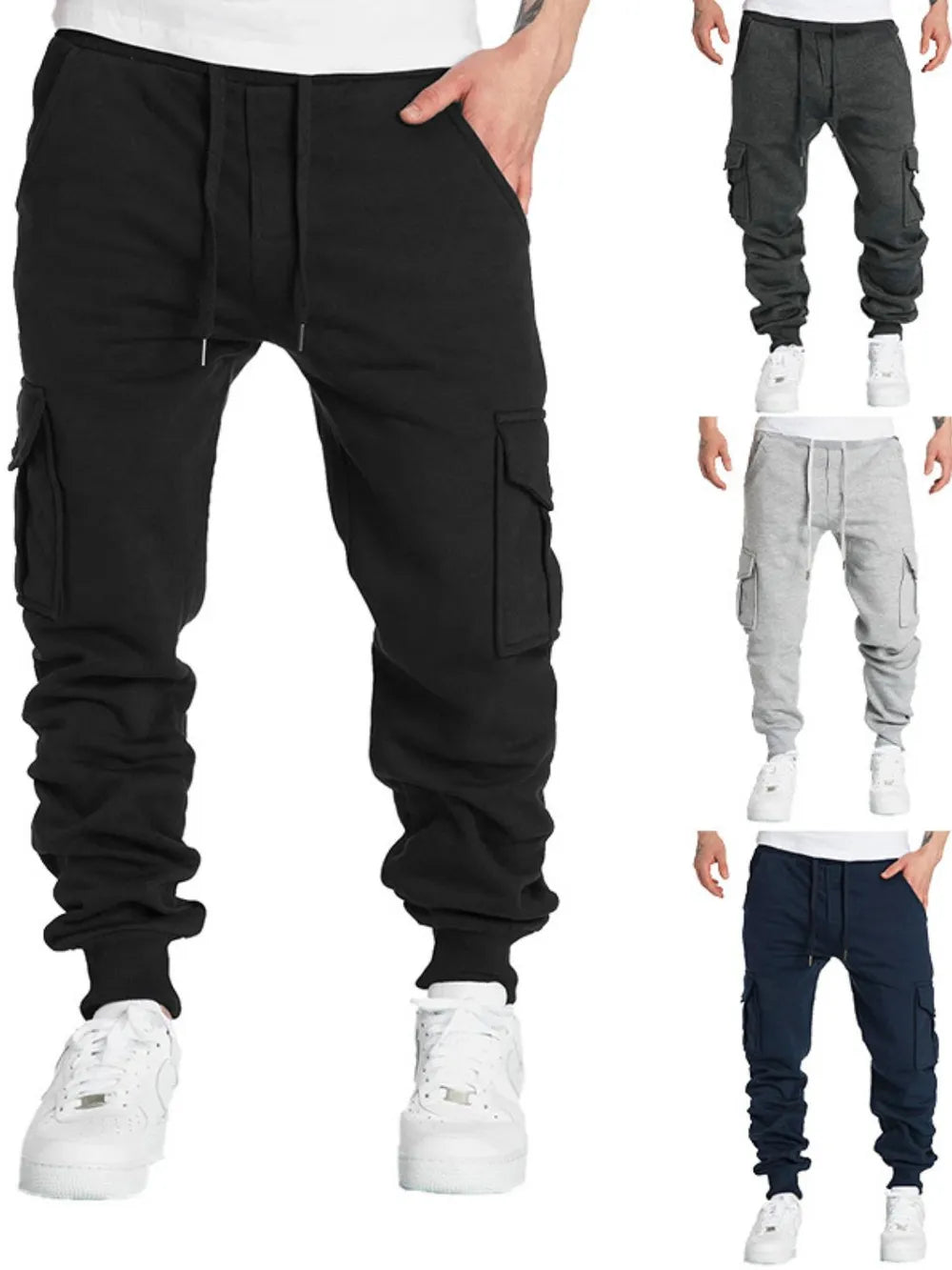 Men's drawstring pants with pockets in black, gray, and blue colors.