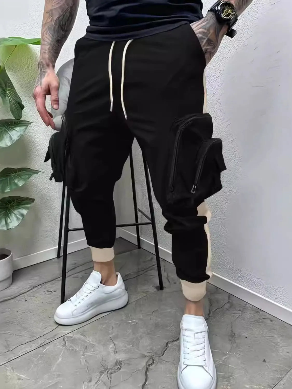 Men's full size drawstring joggers with pockets in black, plus size.