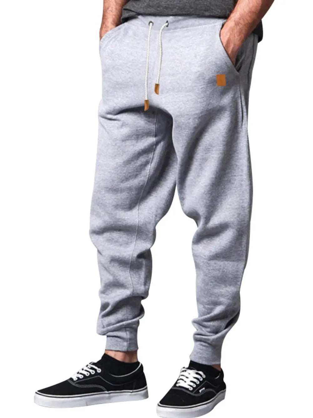 Men's full size drawstring pants in gray with basic style design.