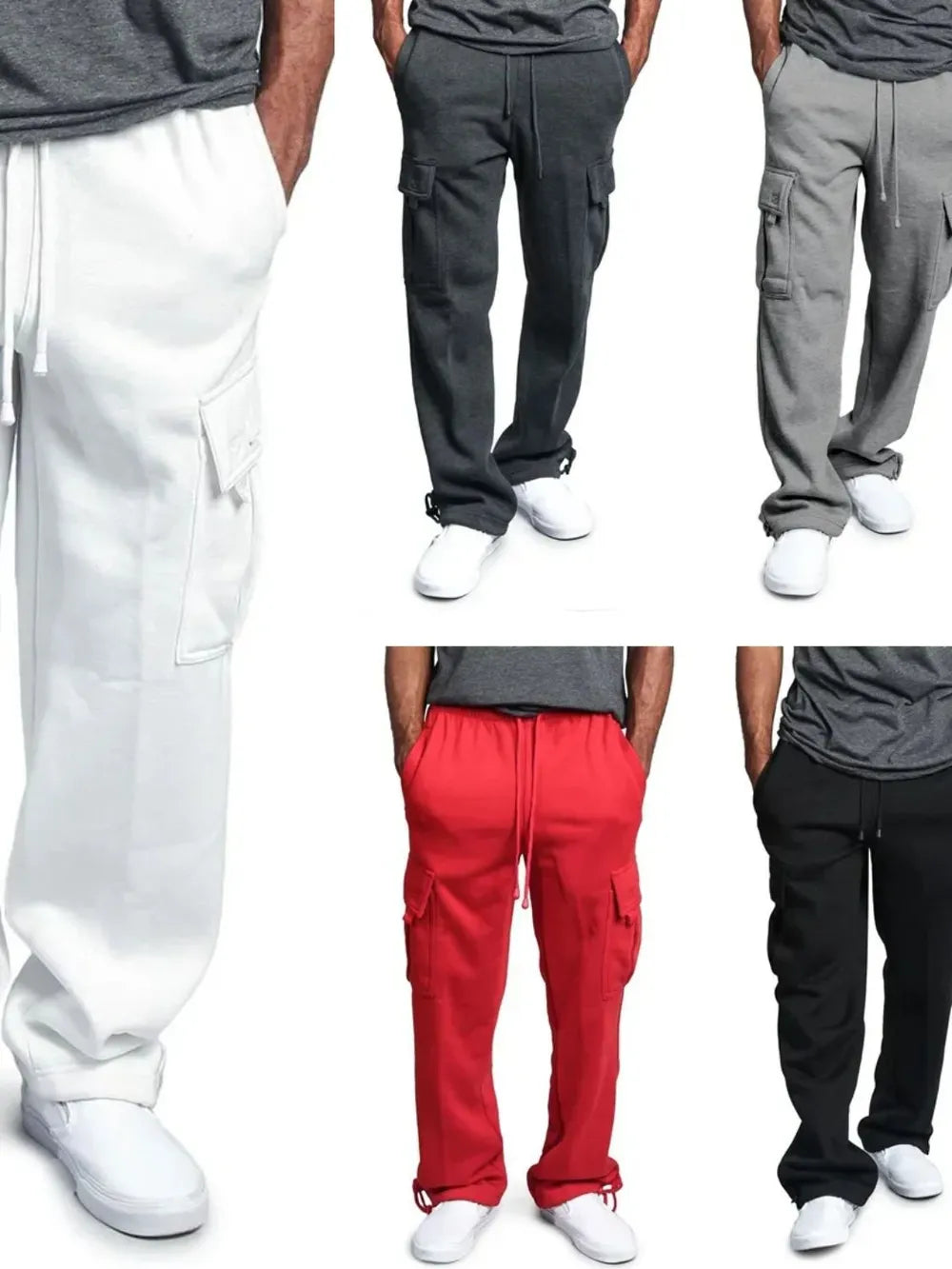 Men's full size drawstring pants in various colors, featuring pocketed design, cotton-polyester blend.
