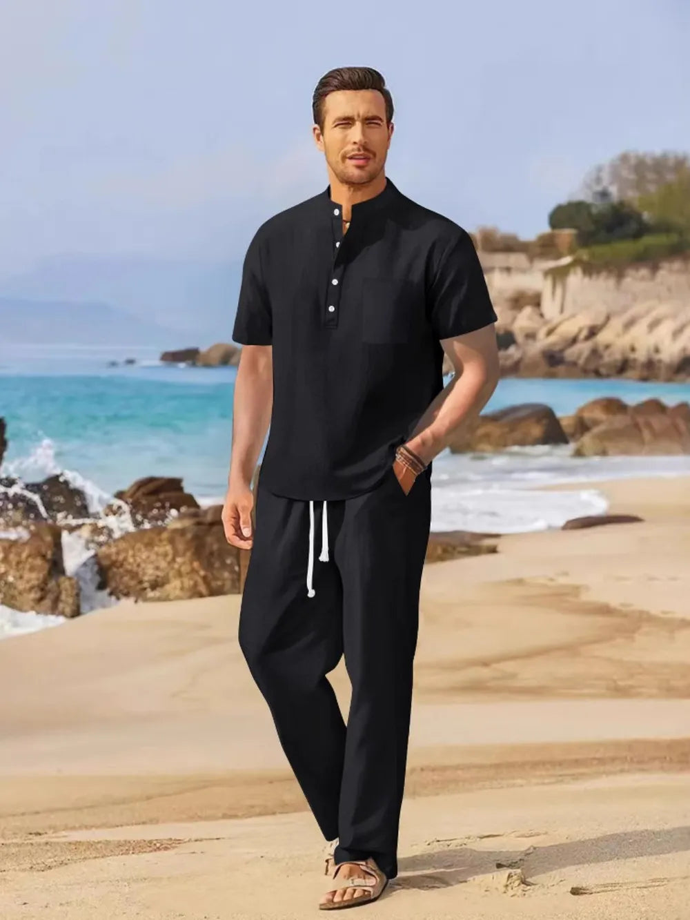 Men's full size half button top and drawstring pants set, beach background.