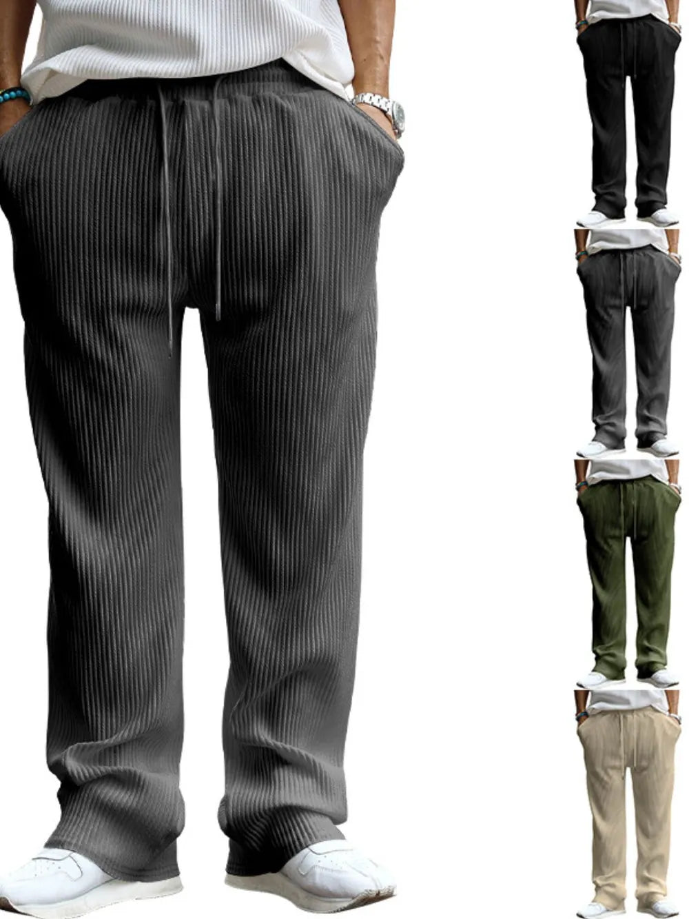 Men's full size ribbed drawstring wide leg pants with pockets.