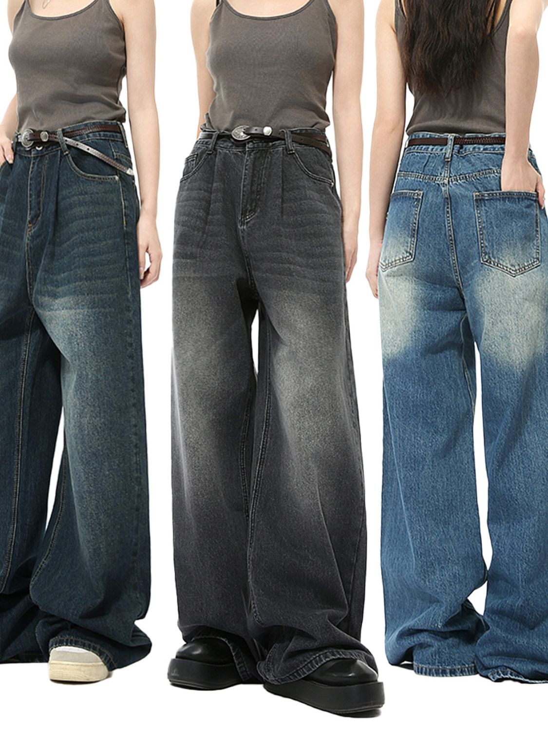 Wide leg jeans with pockets, available in various denim shades, featuring a basic style and no stretch.