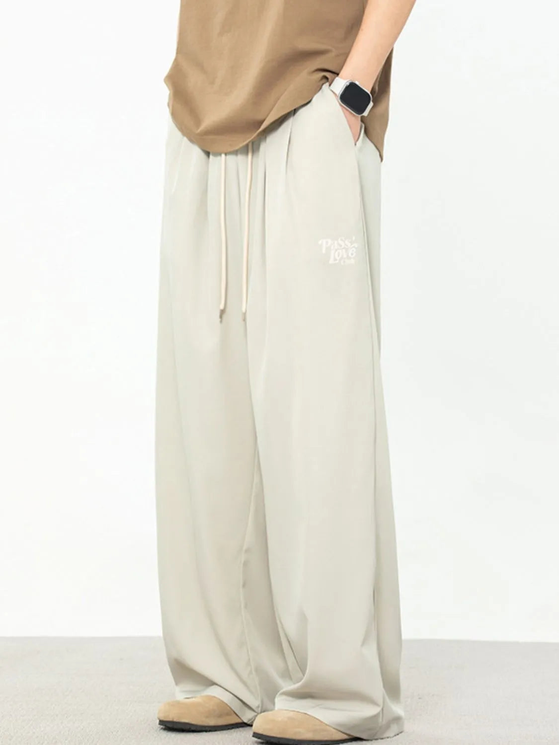 Men's plus size drawstring wide leg pants in light grey, featuring a basic style and machine washable polyester-spandex fabric.