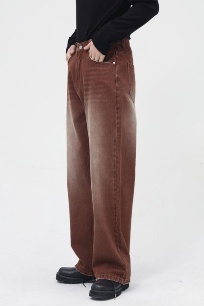 Wide straight jeans with pockets, basic style, no stretch.