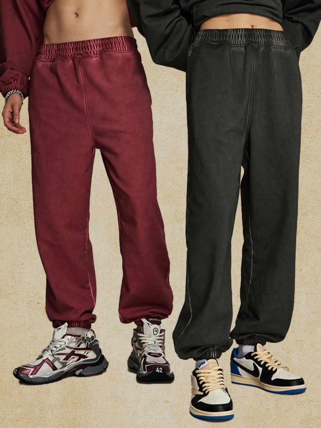 Men's elastic waist joggers, basic style in cotton and polyester, shown in red and black.