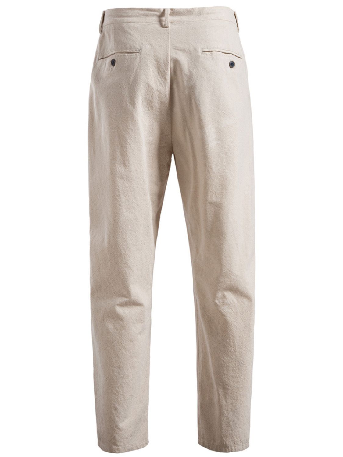 Men's drawstring straight pants with pockets, 60% cotton and 30% linen blend.