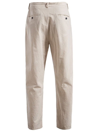 Men's drawstring straight pants with pockets, 60% cotton and 30% linen blend.
