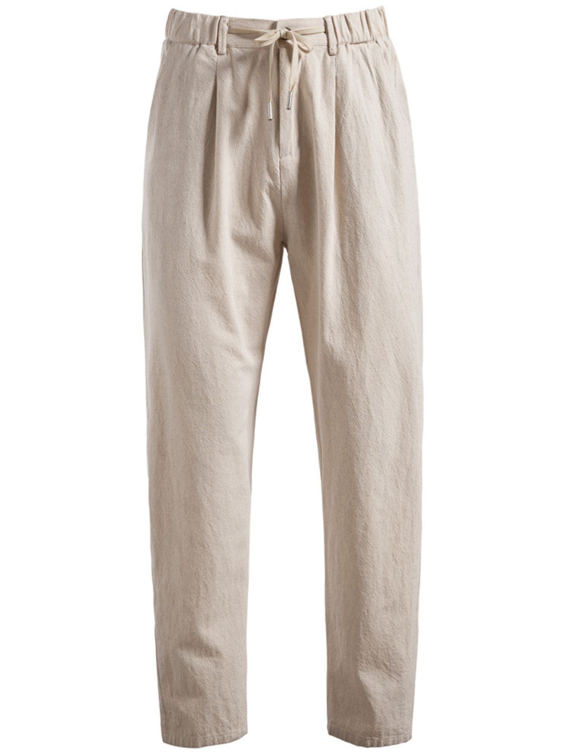 Men's drawstring straight pants in beige, featuring pockets and adjustable waist for comfort.