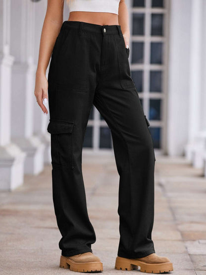 Straight denim cargo pants with pockets, no stretch, 100% rayon material.