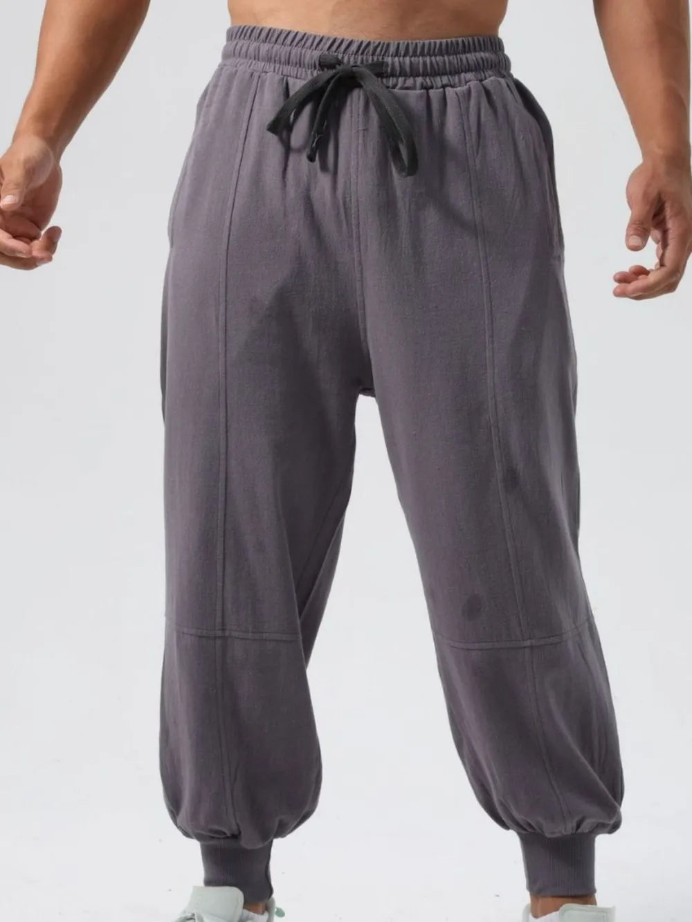 Men's drawstring joggers in cotton blend with elastic waistband, basic style.