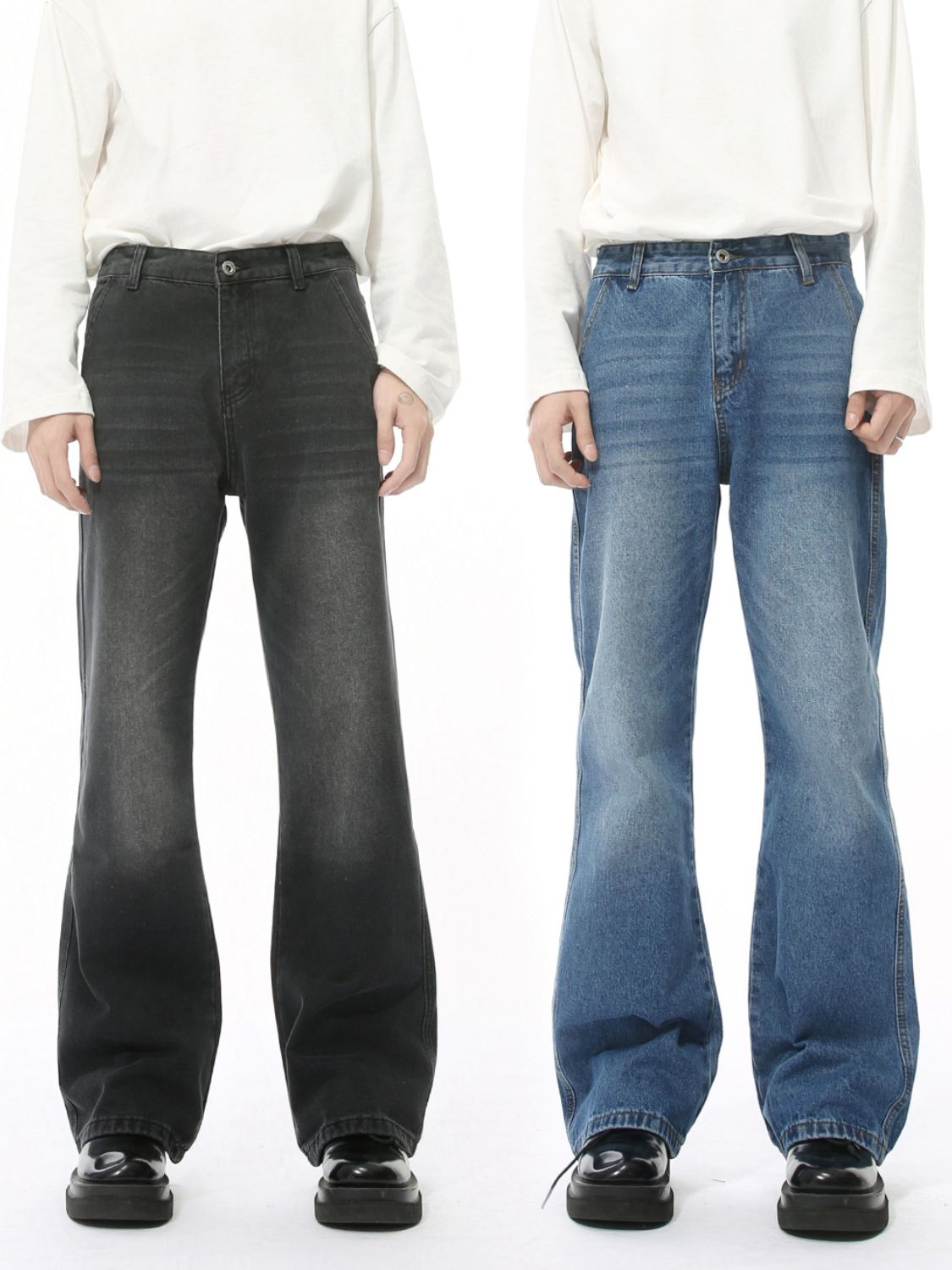 Mid Rise Jeans with Pockets in black and blue, basic style with no stretch.