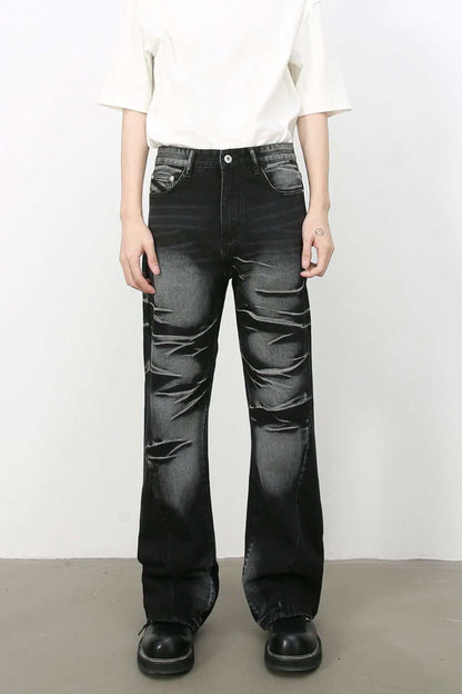 Men's bootcut jeans with pockets, no stretch, black denim style.