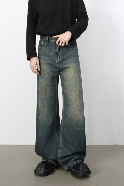 Men's wide leg jeans, basic style, no stretch, cotton blend.